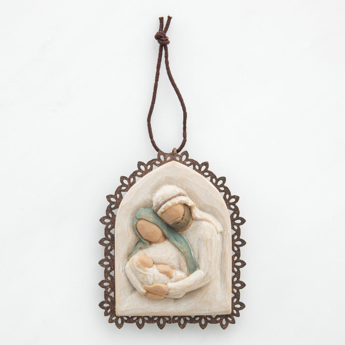 Hanging pendant - wooden branch outline - cream center with image of mary and joseph clutching baby